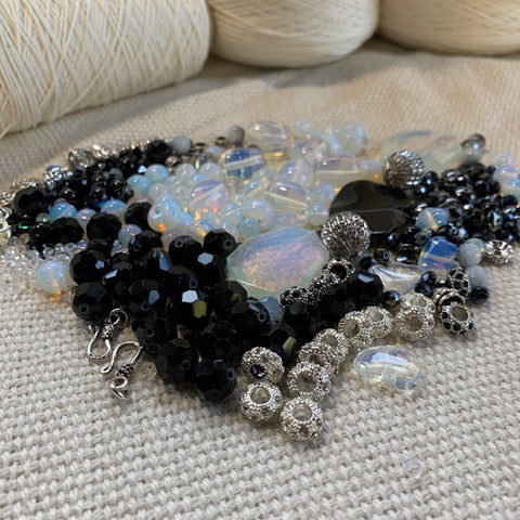 Black and Opalite Bead Mix with Silver Findings - 11oz