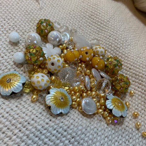 Yellow and White Lampwork Beads, Pearls, Beads, and Silver Findings - 3.28oz.