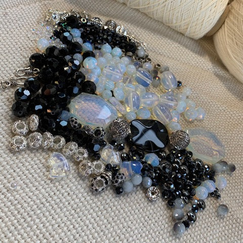 Black and Opalite Bead Mix with Silver Findings - 11oz