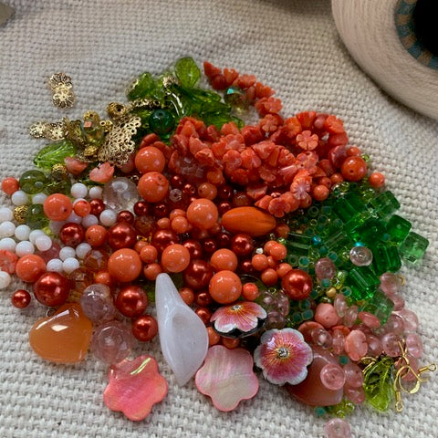 Green, Coral and White Bead Mix with Floral Beads, Pendants, and Findings - 6.31oz