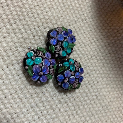 Floral Lampwork Beads - 20mm - Purple, Lavender, Green, and Aqua