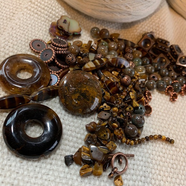 Tiger Stones and Agates Bead Mix with Copper Findings - 5.74 oz.