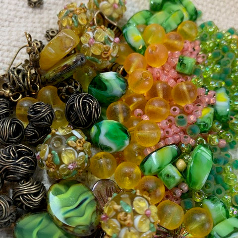Yellow, Green and Pink Bead Mix with Lampwork Beads and Antique Bronze Findings - 5.92oz.